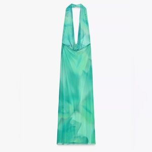 NWT! Zara Elegant Mesh Green & Blue Halter Neck Backless Dress